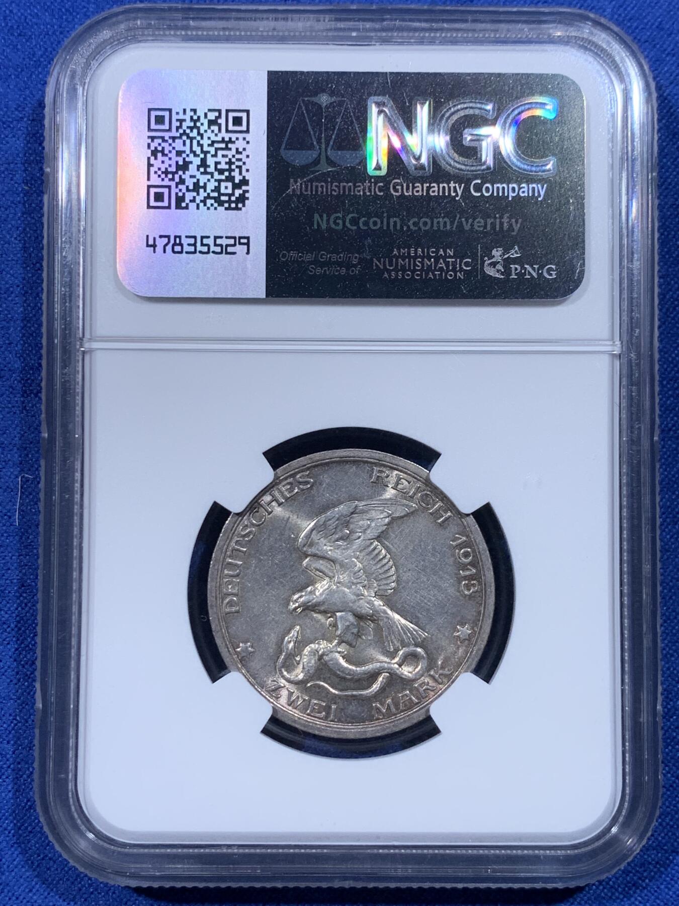 《竞宝斋》第443场 周日，周一，2场连拍 （全场包邮） NGC MS63 德国1913A普鲁士战胜拿破仑2马克银币