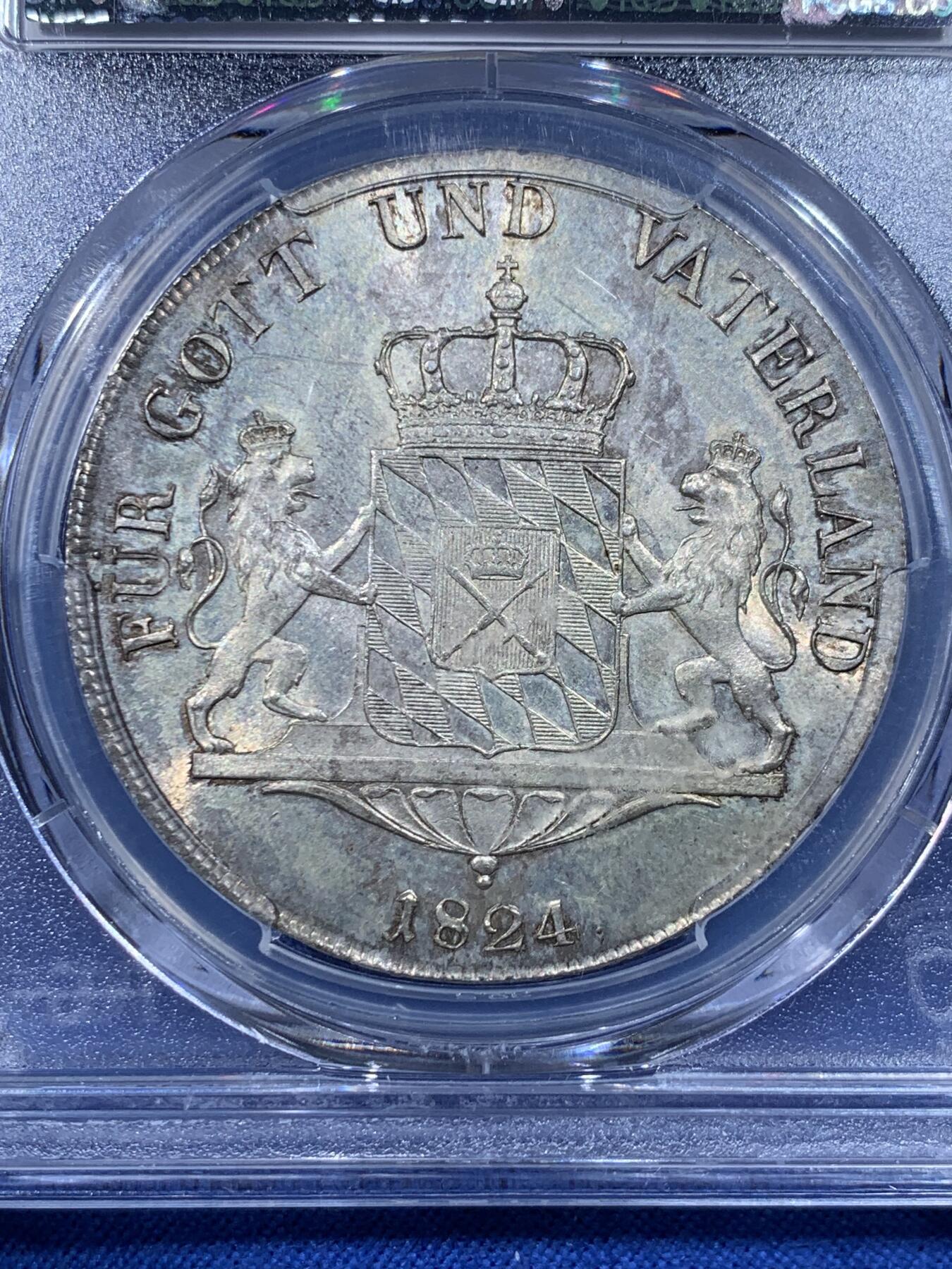《竞宝斋》第443场 周日，周一，2场连拍 （全场包邮） 冠军分 PCGS MS64 德国 1824年 马克西米连一世·约瑟夫 泰勒大银币 仅3907枚的发行量 能上64确实需要挺大的缘分
