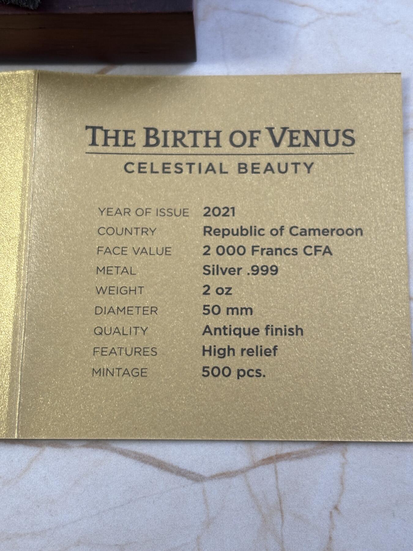 第184期拍卖 喀麦隆2021年国色天香系列3维纳斯诞生2盎司银币，999银，发行500枚