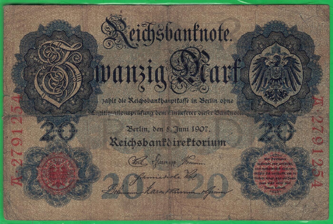 德国1907年20马克 P-28 无水印 加盖字母R A冠 7位号 实物图