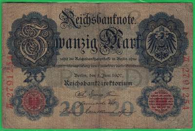 德国1907年20马克 P-28 无水印 加盖字母R A冠 7位号 实物图 - 德国1907年20马克 P-28 无水印 加盖字母R A冠 7位号 实物图