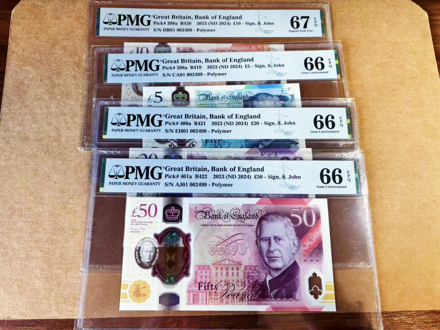 【Blue Auction】世界纸币精拍第757期——18级TOP拍卖/信誉/品质/专业/高效💫  【一组4张 首发冠全同千位小号】英国 2024年5-50镑 查尔斯三世 PMG67EPQ-66EPQ 潜力上涨品种