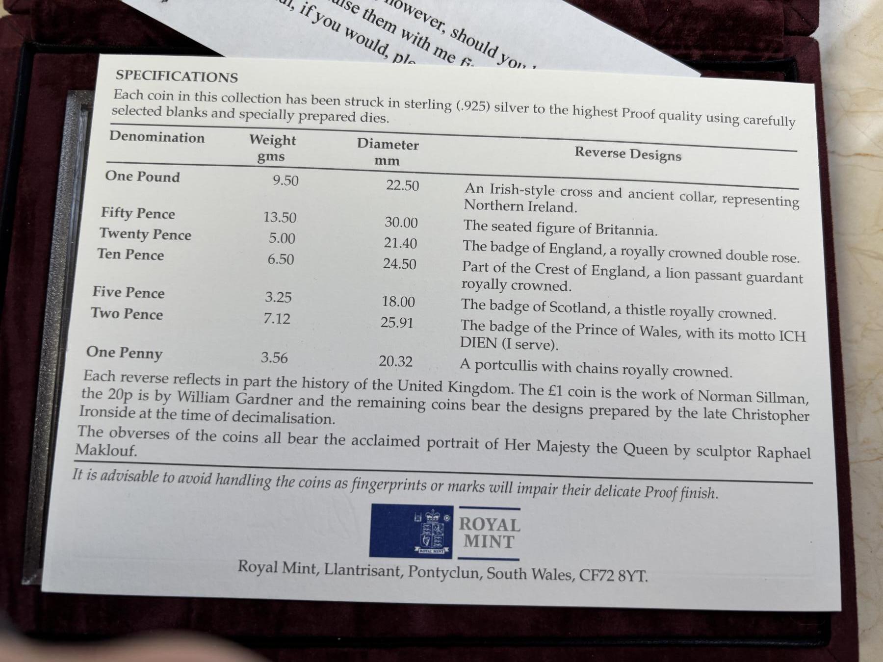 第183期拍卖 英国1996年【十进制】7枚全银精制纪念套币，925银，3.56/7.12/3.25/6.5/5.0/13.5/9.5克，发行15000套