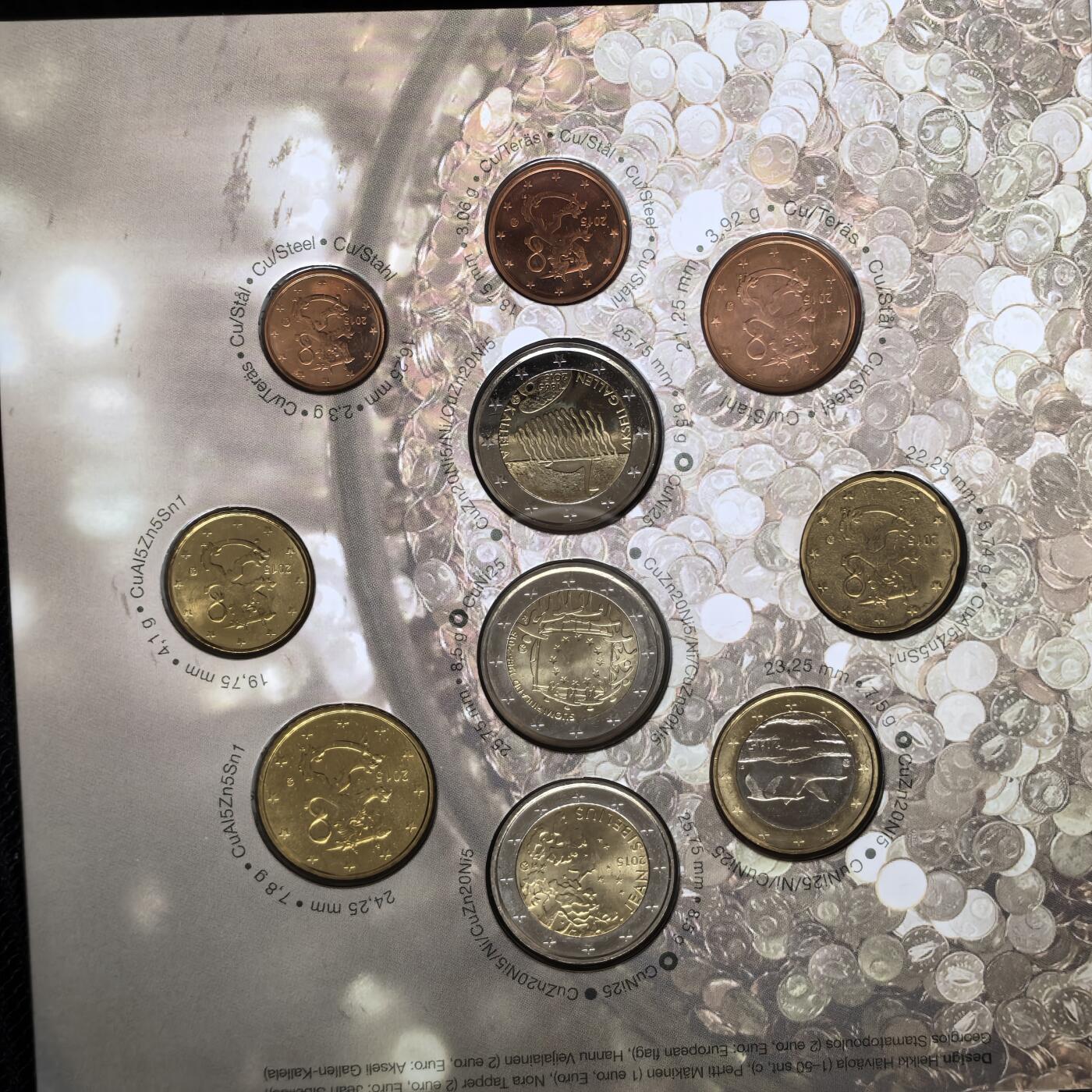 道一币馆币章第一百五十六场 原包装 芬兰2015年欧元套币十枚 含2欧元纪念币三枚