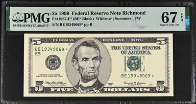 《外钞收藏家》第五百九十期（欧洲强钞、港币、硬通货及丰富裸币大拍场）（本平台长期征集拍品、欢迎藏友们联系合作） - 1999年 大头5美元 首发年份 星补号 PMG67EPQ 亚军分数