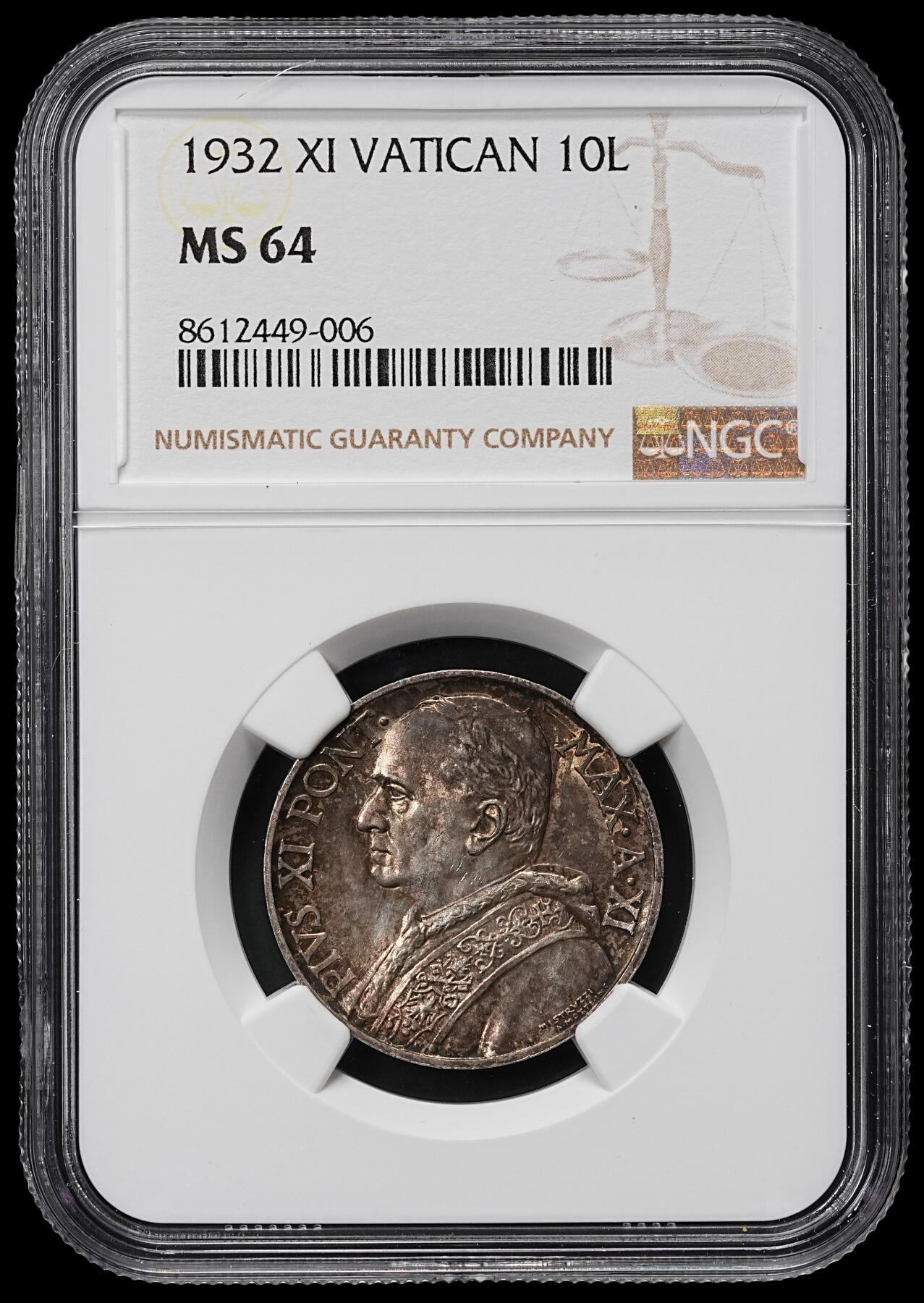 修遠堂世界钱币第九十五期 NGC MS64 1932年梵蒂冈10里拉银币