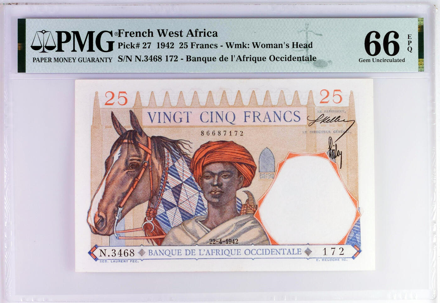 【Blue Auction】世界纸币精拍第757期——18级TOP拍卖/信誉/品质/专业/高效💫 【冠军分】法属西非 1942年25法郎 大金狮 设计精美 PMG66EPQ 