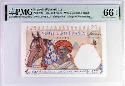 【Blue Auction】世界纸币精拍第757期——18级TOP拍卖/信誉/品质/专业/高效💫 - 【冠军分】法属西非 1942年25法郎 大金狮 设计精美 PMG66EPQ 