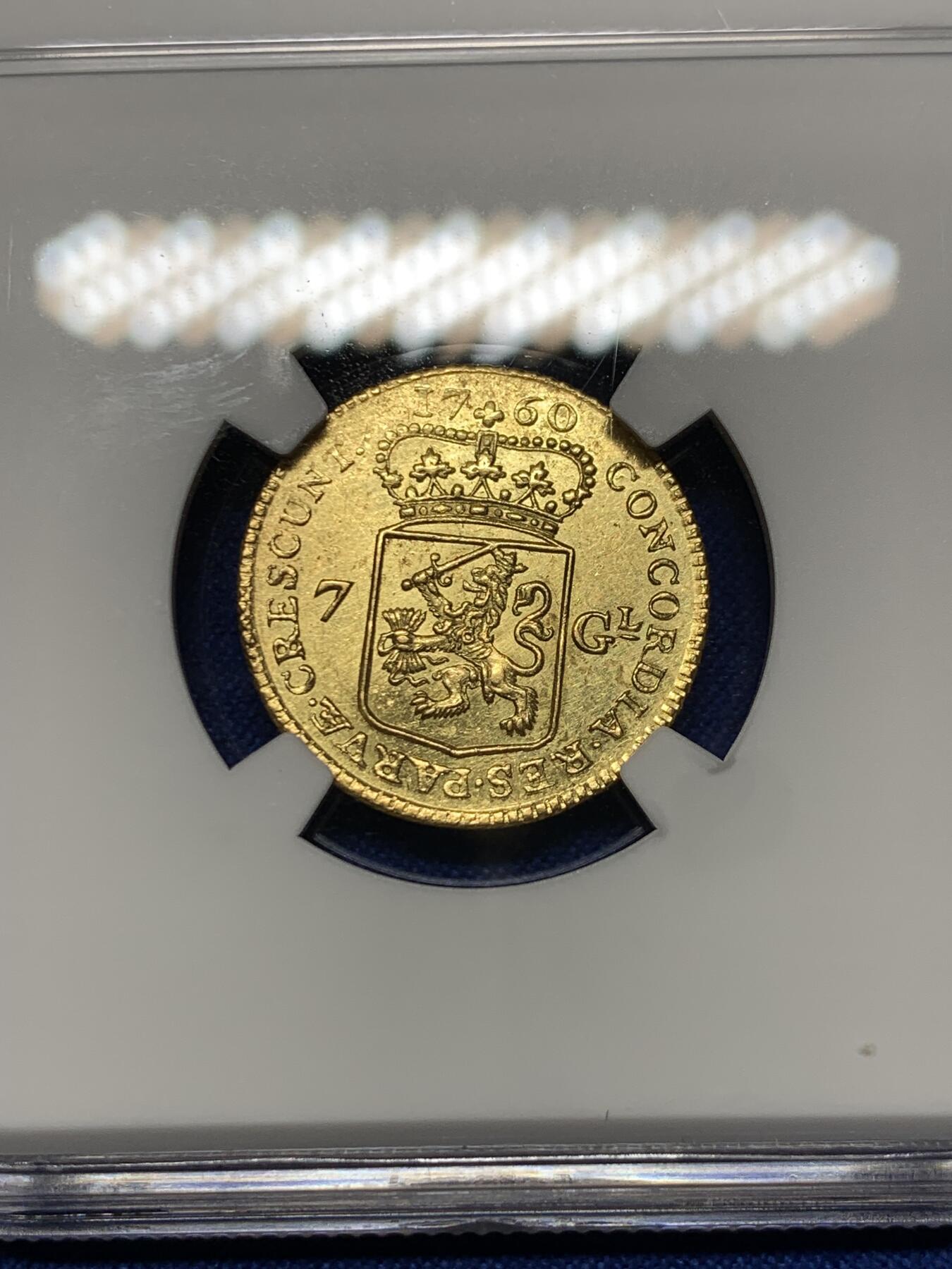 《竞宝斋》第443场 周日，周一，2场连拍 （全场包邮） NGC UNC 荷兰 1760年 荷兰省 7盾马剑金币 双面打制清晰 没给分有点错杀 这个状态已经很少见了4.965 g 920金