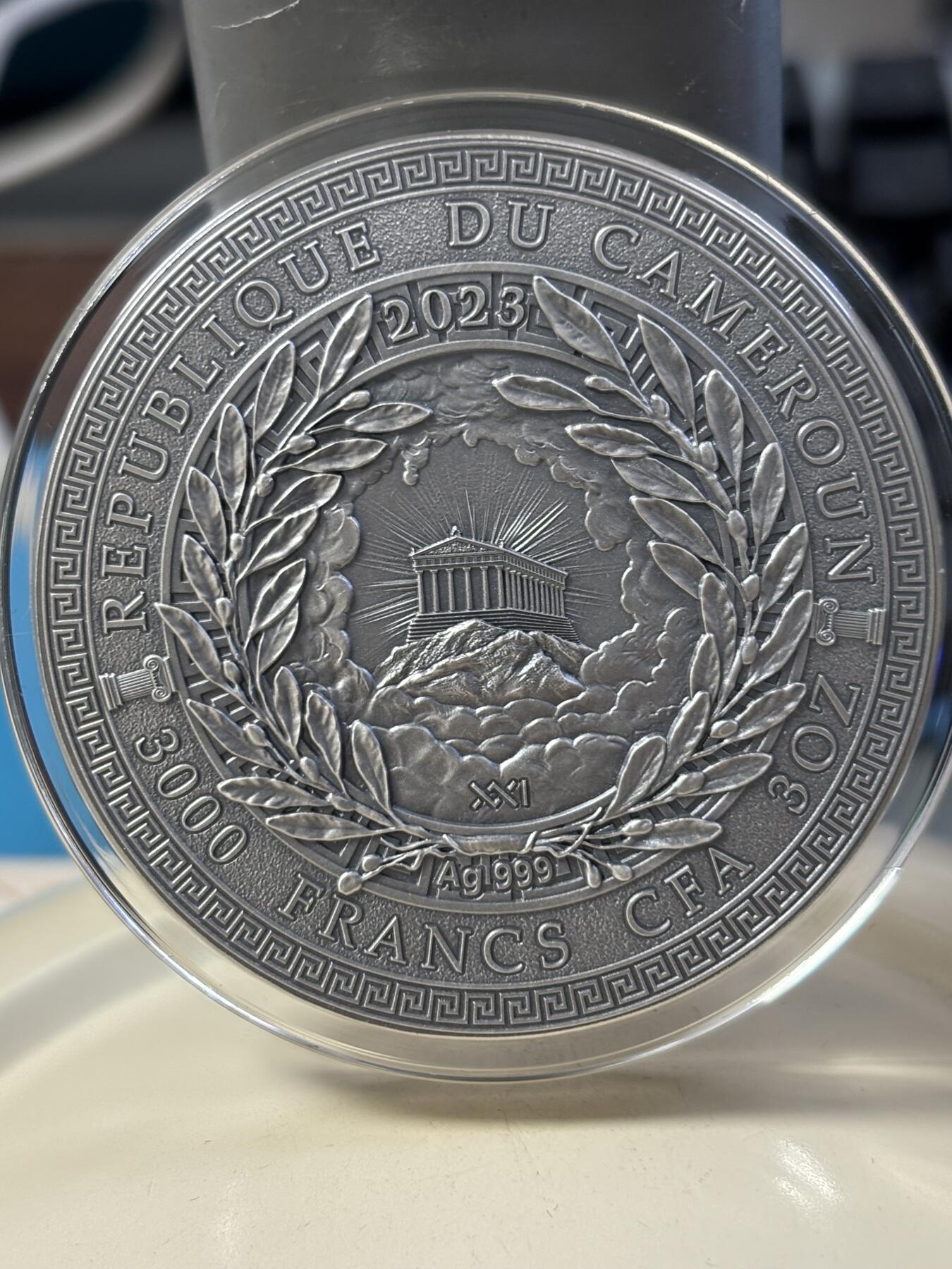 第184期拍卖 喀麦隆2023年希腊神话普罗米修斯3盎司高浮雕银币，999银镀金，发行500枚