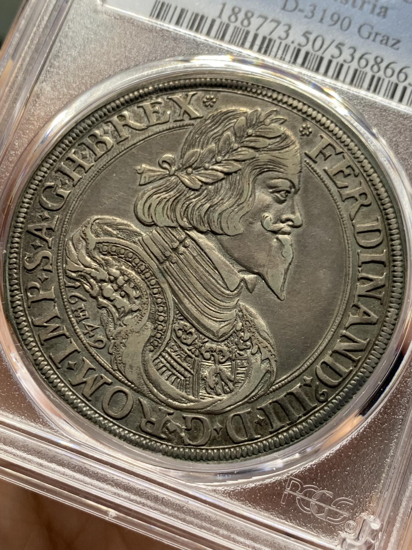 《竞宝斋》第443场 周日，周一，2场连拍 （全场包邮） 唯一冠军分 PCGS AU50 奥地利帝国 1649年 费迪南三世 泰勒大银币 稀少版本 双面原味深打 老泰勒最舒服的状态