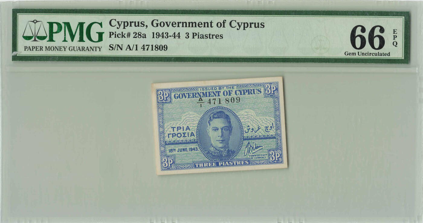 小福收藏拍卖第196期 评级币精选场 大量新增精品 本期有68分倒置号布隆迪世界最大纸币  菲律宾百位靓号100000比索超大纪念钞 巴基斯坦51年100卢比冠军分 泰国69年10铢纪念钞0A冠百位倒置号  文莱06年500吉令特首年首冠 丹麦经典大松鼠  法属印度支那 俄罗斯 玻利维亚 东加勒比 亚美尼亚等多国精美高分珍稀老钞精品纸币 塞浦路斯 1943年 3便士 首发年 A/1首冠 罕见 乔治六世 PMG66 EPQ 亚军分