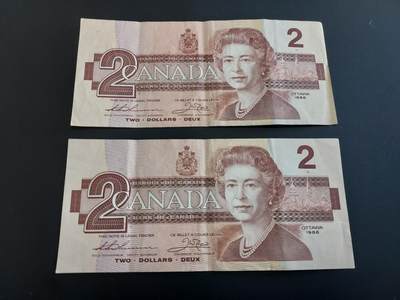 博彦收藏   12月8日 8点 钱币专场 - 加拿大 女皇2元2张 流通好品