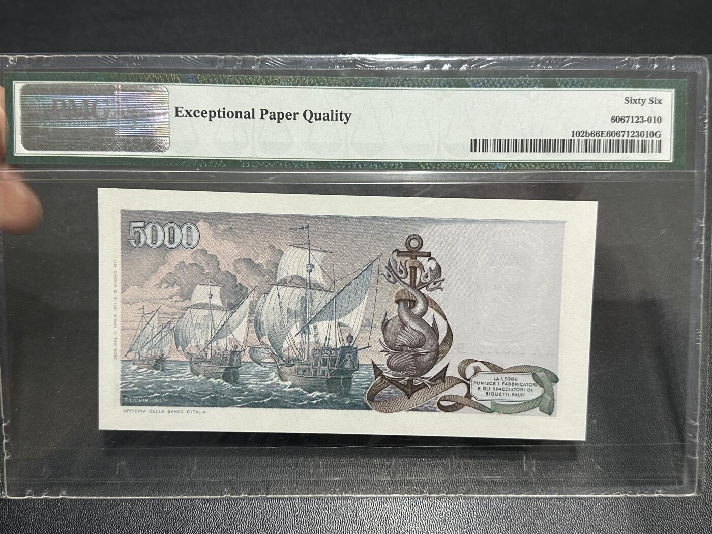 《外钞收藏家》第五百九十期（欧洲强钞、港币、硬通货及丰富裸币大拍场）（本平台长期征集拍品、欢迎藏友们联系合作） 1973年意大利5000里拉 PMG66 AA冠 无47