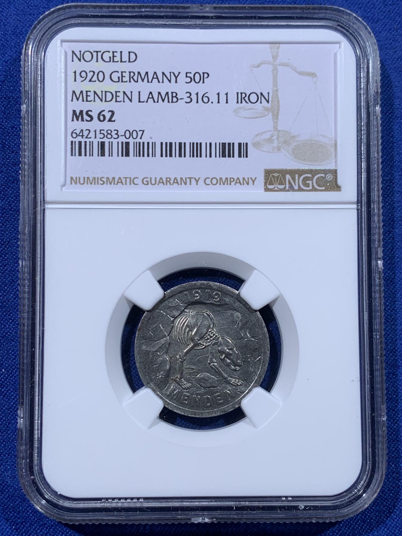 《竞宝斋》第443场 周日，周一，2场连拍 （全场包邮） NGC MS62 德国1923年德紧门登地区铁质洞熊币，面值50芬尼，此铁质版比铝质版少