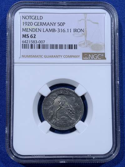 《竞宝斋》第443场 周日，周一，2场连拍 （全场包邮） - NGC MS62 德国1923年德紧门登地区铁质洞熊币，面值50芬尼，此铁质版比铝质版少