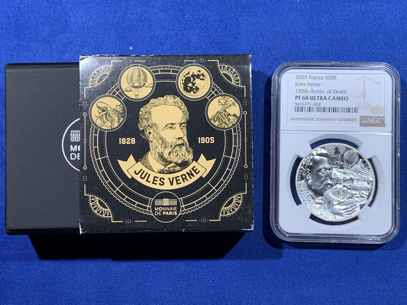 《竞宝斋》第443场 周日，周一，2场连拍 （全场包邮） NGC PF68UC 法国2025年笔尖艺术儒勒凡尔纳逝世120周年20欧元浮雕精制银币（1盎司，999银，37MM币径，限量3千枚，盒证齐全）