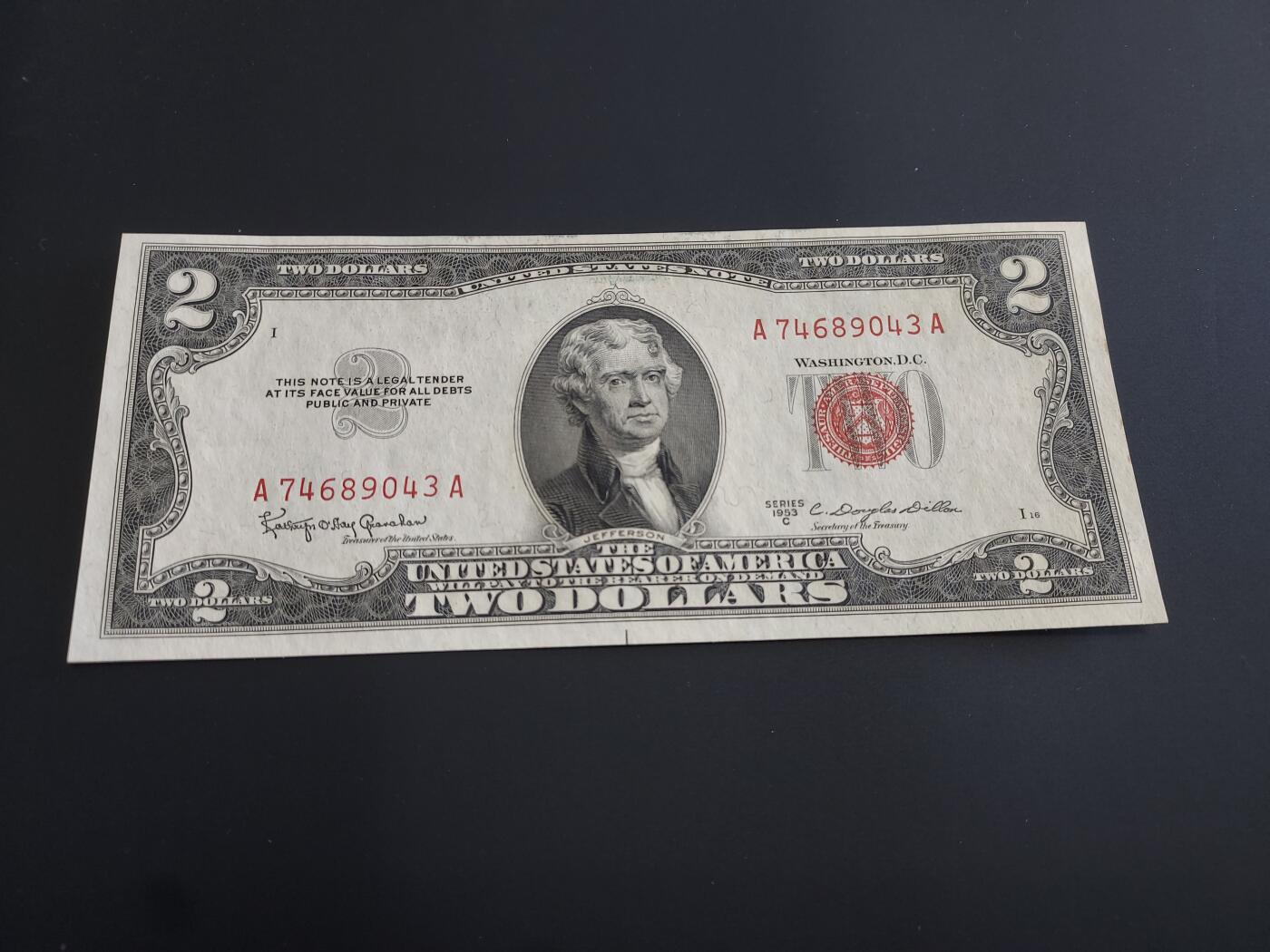 博彦收藏   12月8日 8点 钱币专场 1953 美国 红印2元 UNC 边有黄