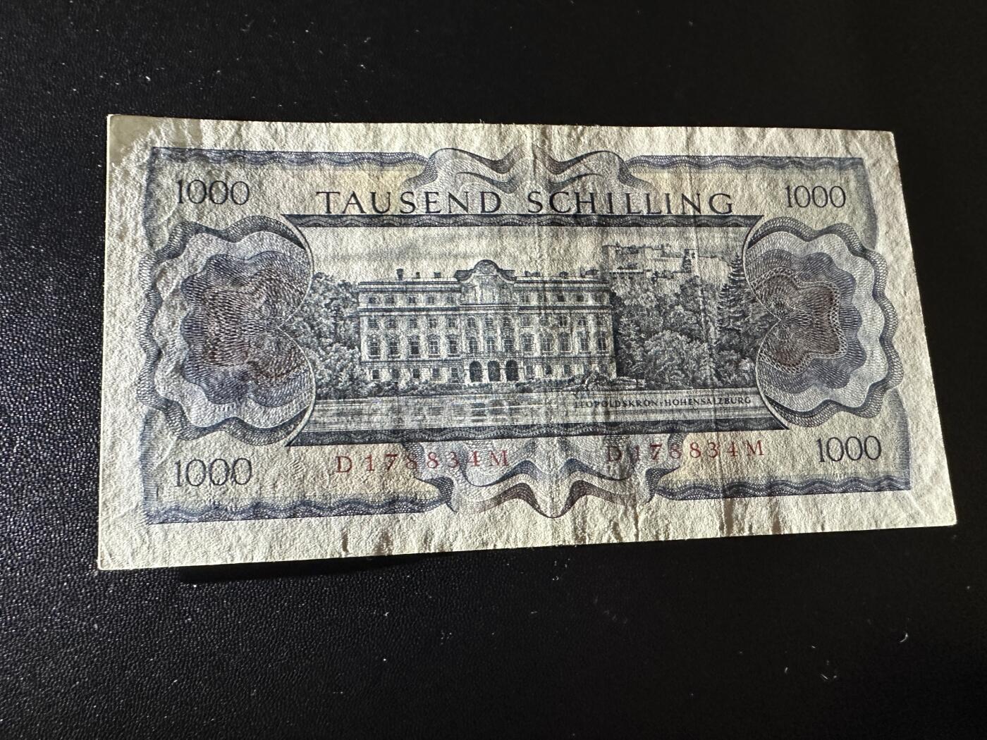 《外钞收藏家》第五百九十期（欧洲强钞、港币、硬通货及丰富裸币大拍场）（本平台长期征集拍品、欢迎藏友们联系合作） 1966年奥地利1000先令 非全新 品相如图
