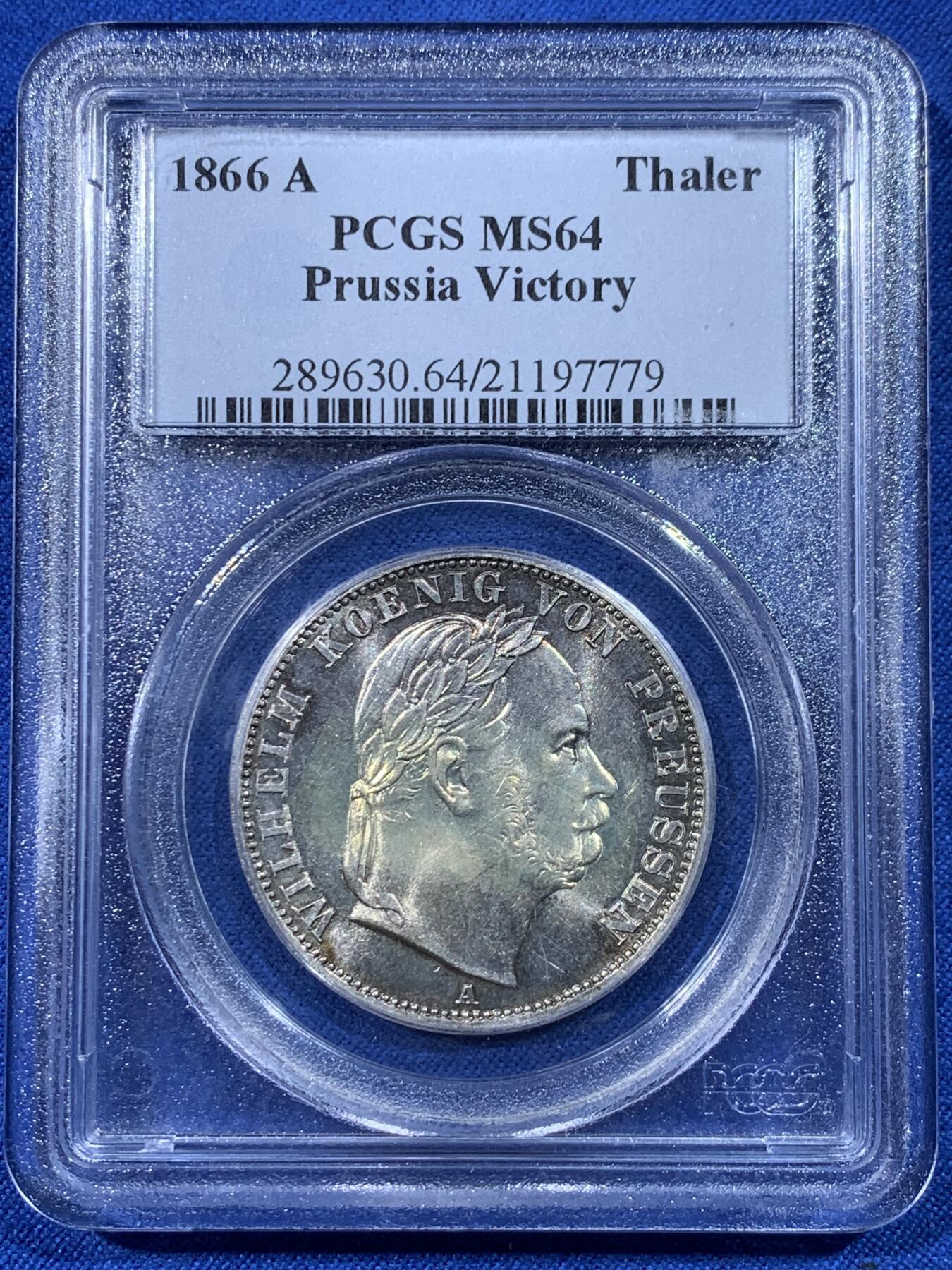 《竞宝斋》第443场 周日，周一，2场连拍 （全场包邮） PCGS MS64 德国 1866年 普鲁士战胜奥地利 胜利泰勒 独年发行 犀利细节 车轮转光 老盒来说 非常难得了