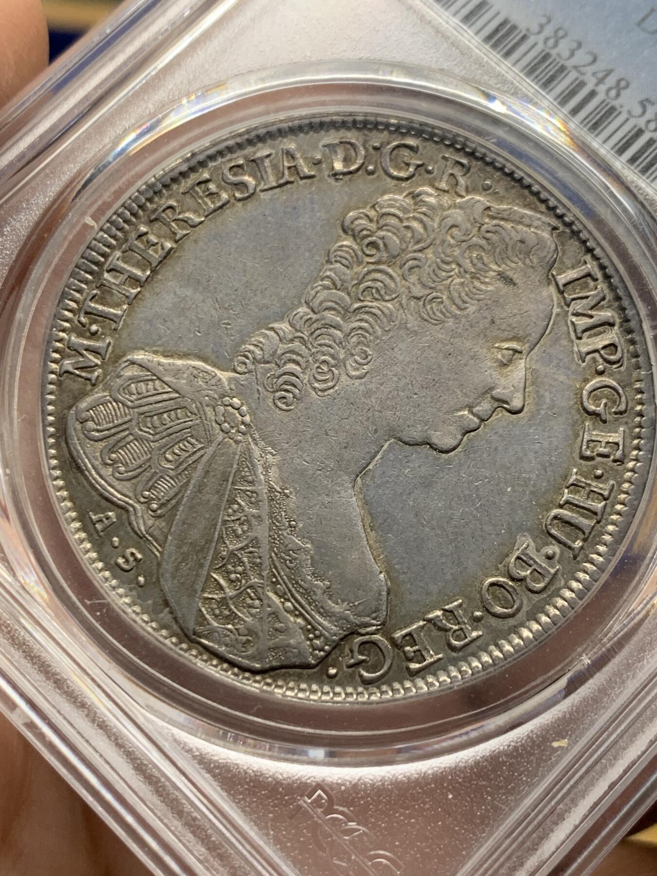《竞宝斋》第443场 周日，周一，2场连拍 （全场包邮） PCGS AU58 奥地利1765-AS 原铸大奶妈玛丽亚.特雷西娅 1泰勒 银币 唯一冠军分，难得没有减重痕迹。