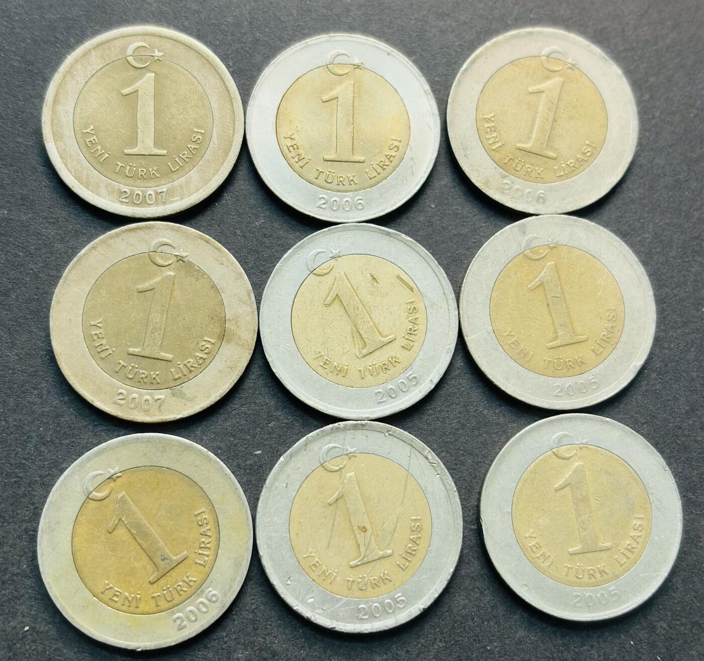 文馨钱币收藏第 284 场，【 长期接收代拍品】老藏家拍品南朝鲜李承晚时期货币，泰国大型纪念币，土耳其各时期及各国套币场 土耳其 1 里拉双色纪念币 9 枚