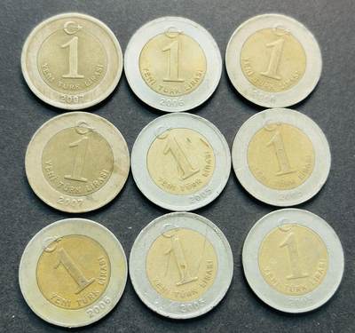 文馨钱币收藏第 284 场，【 长期接收代拍品】老藏家拍品南朝鲜李承晚时期货币，泰国大型纪念币，土耳其各时期及各国套币场 - 土耳其 1 里拉双色纪念币 9 枚