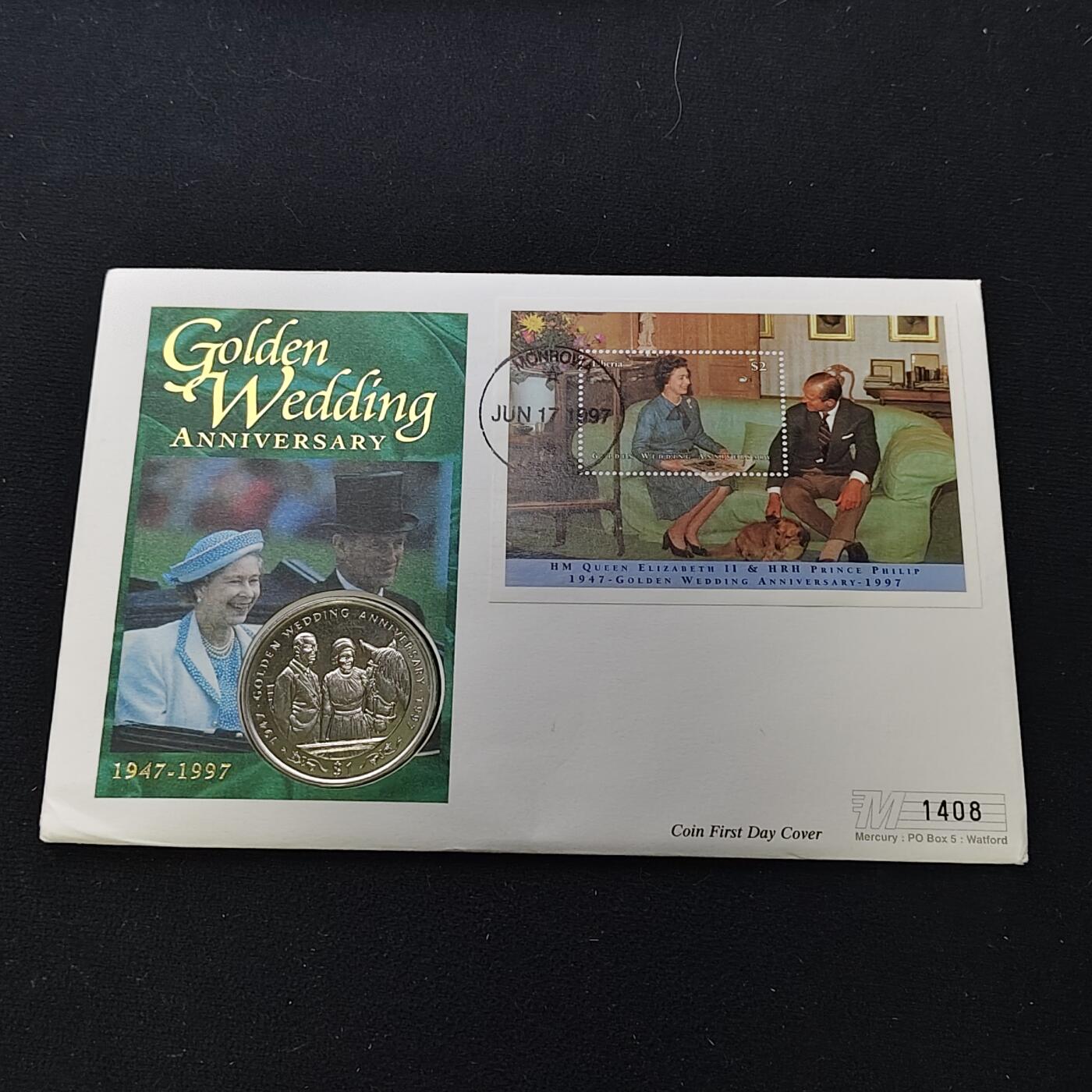 【全场包邮】纯粹捡漏拍482场（免费代拍第19场）-币封+套装+富兰克林（注意佣金） 【邮币封】利比里亚1997年1元女王金婚克朗型纪念币邮币封