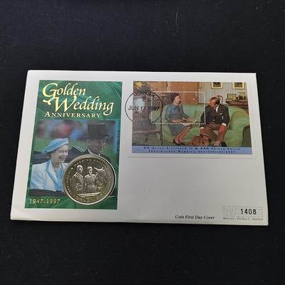 【全场包邮】纯粹捡漏拍482场（免费代拍第19场）-币封+套装+富兰克林（注意佣金） - 【邮币封】利比里亚1997年1元女王金婚克朗型纪念币邮币封