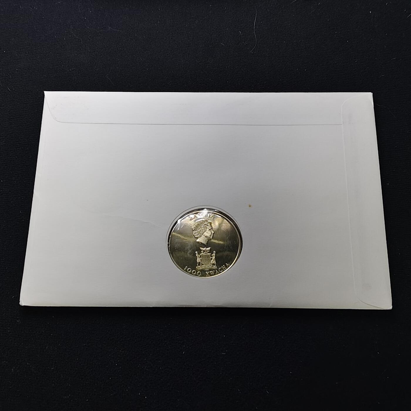 【全场包邮】纯粹捡漏拍482场（免费代拍第19场）-币封+套装+富兰克林（注意佣金） 【邮币封】赞比亚2002年1000克瓦查女王母亲伊丽莎白皇太后逝世克朗型纪念币邮币封