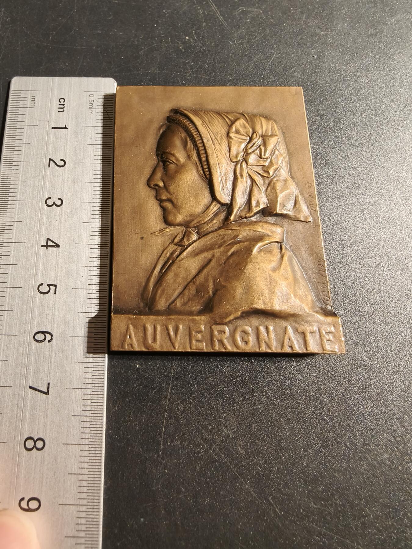 老王徽章第167期 法国奥浮涅传统女性方形大铜章     高浮雕     尺寸64×46mm.    重量118.4g