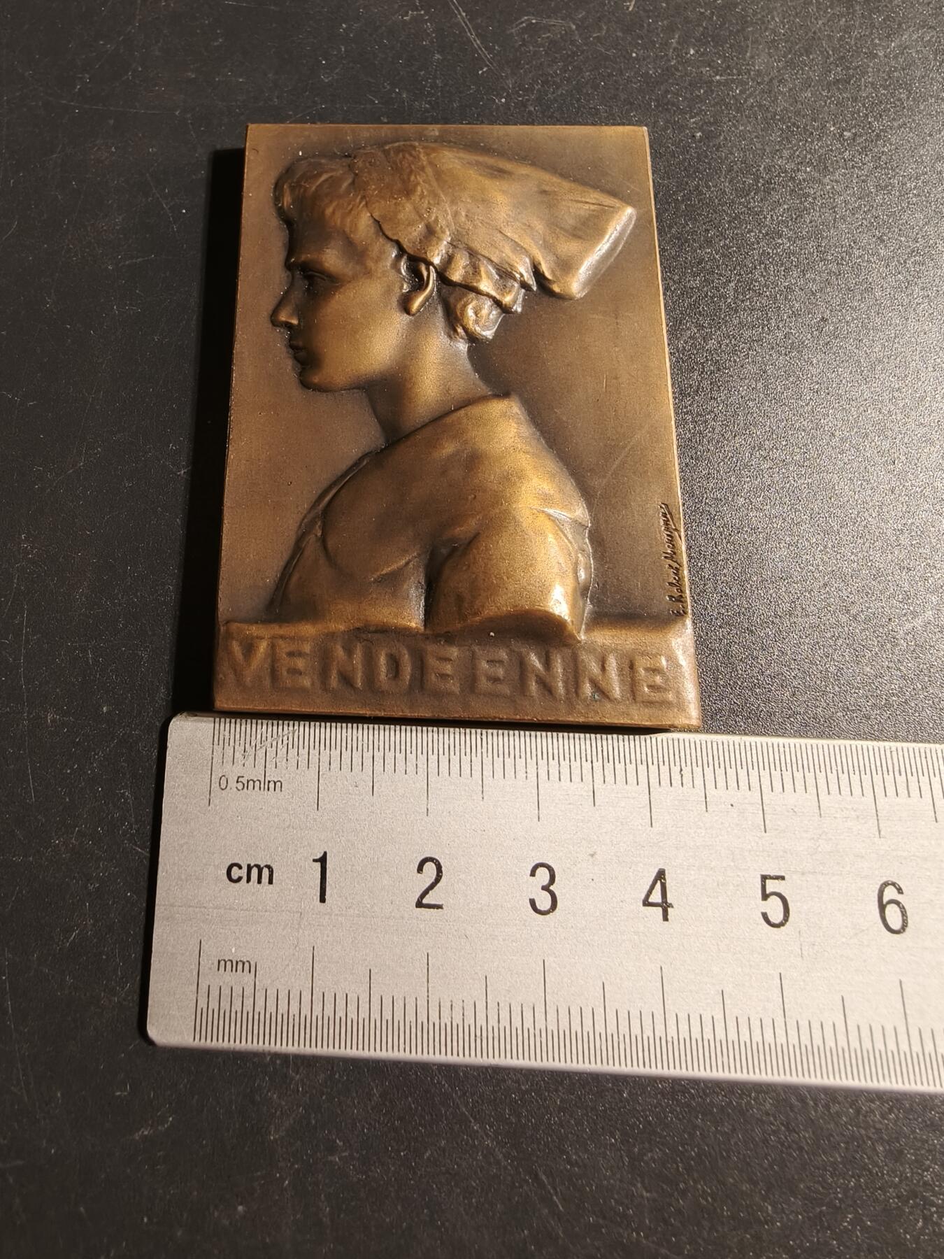 老王徽章第167期 法国旺代传统女性方形大铜章     高浮雕     尺寸63×40mm.    重量111.4g