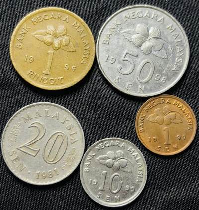 文馨钱币收藏第 284 场，【 长期接收代拍品】老藏家拍品南朝鲜李承晚时期货币，泰国大型纪念币，土耳其各时期及各国套币场 - 好品马来西亚 5 枚套