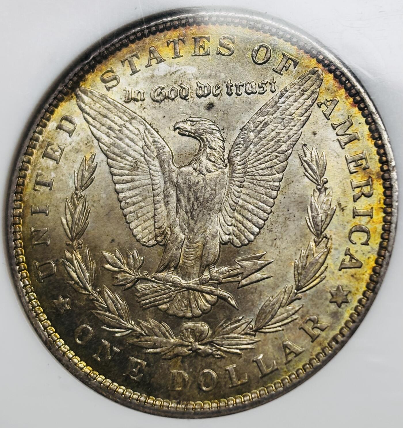 文馨钱币收藏第 283 场，【大雪鉴珍，寒英缀金】金银纪念币精品场，诚邀您的参与【长期接代拍品】 1889 年美国摩根鹰洋，早期老盒 NGC 评级 MS64 分，正宗黄油转光包浆，特别养眼，炫光感强，老盒出分把控更加严格，64 分已属不易