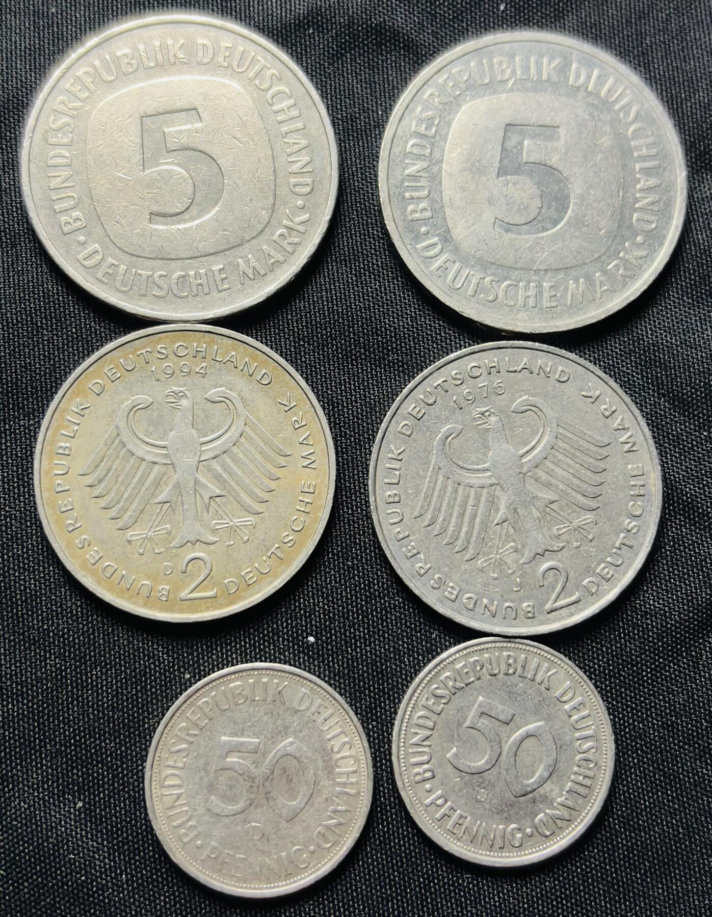 文馨钱币收藏第 284 场，【 长期接收代拍品】老藏家拍品南朝鲜李承晚时期货币，泰国大型纪念币，土耳其各时期及各国套币场 好品德国 50 芬尼-2 马克-5 马克各 2 枚共计 6 枚