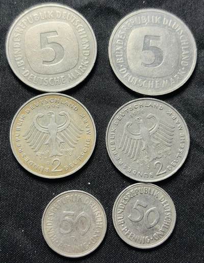 文馨钱币收藏第 284 场，【 长期接收代拍品】老藏家拍品南朝鲜李承晚时期货币，泰国大型纪念币，土耳其各时期及各国套币场 - 好品德国 50 芬尼-2 马克-5 马克各 2 枚共计 6 枚