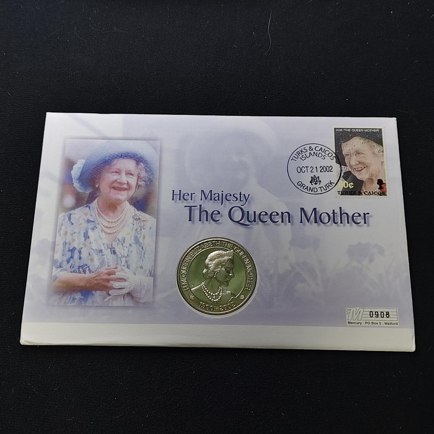【全场包邮】纯粹捡漏拍482场（免费代拍第19场）-币封+套装+富兰克林（注意佣金） 【邮币封】特克斯和凯克斯群岛2002年5克朗女王母亲伊丽莎白皇太后逝世克朗型纪念币邮币封
