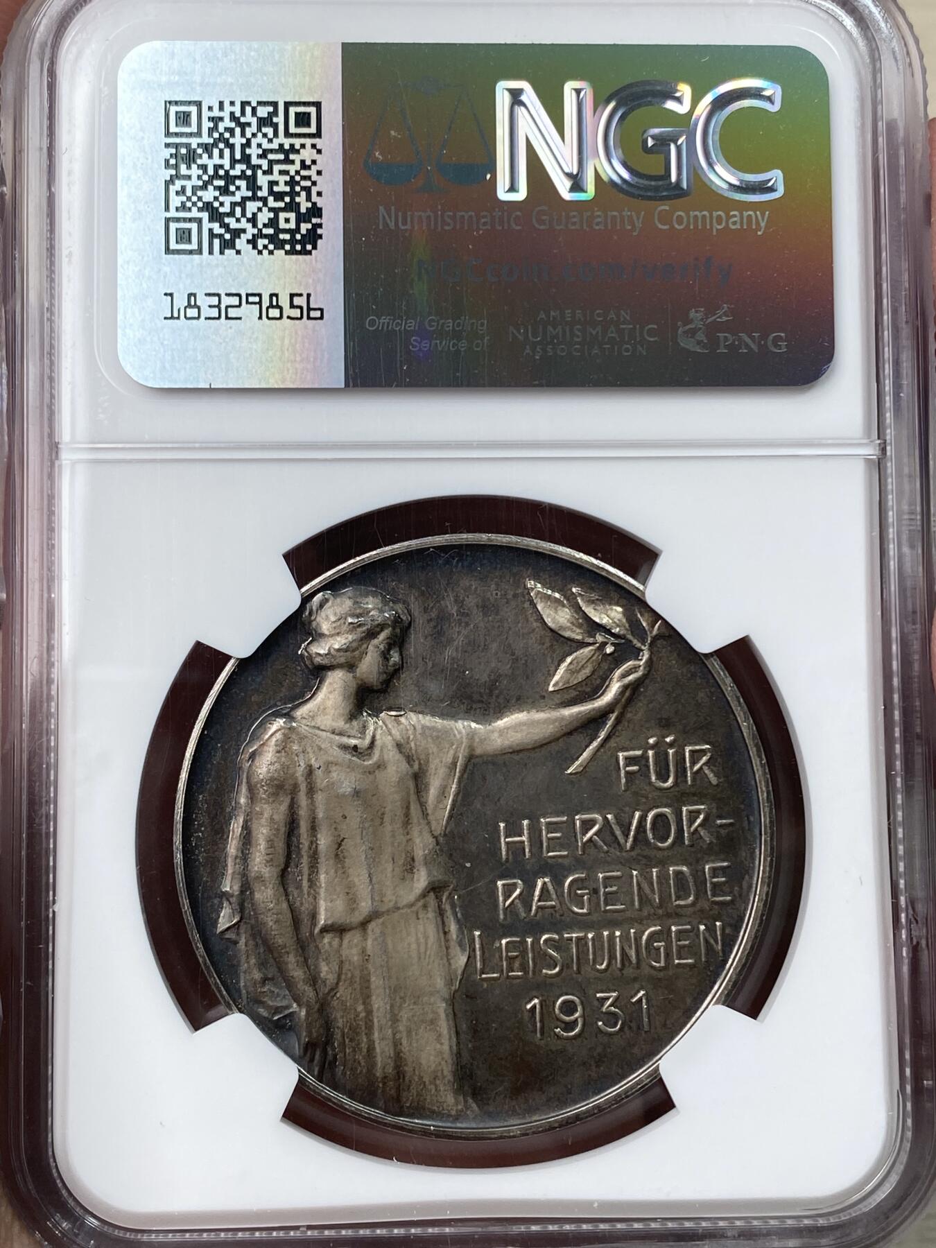 万国钱币拍卖第056期 NGC MS62 1931年德国信鸽育种协会纪念大银章 信鸽刻画非常精细 和平女神献上祝福