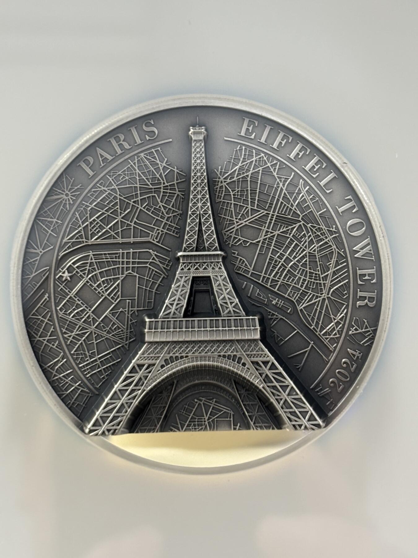 第184期拍卖 库克2024年埃菲尔铁塔5盎司银币NGC-MS70首无盒无证书，999银，发行889枚