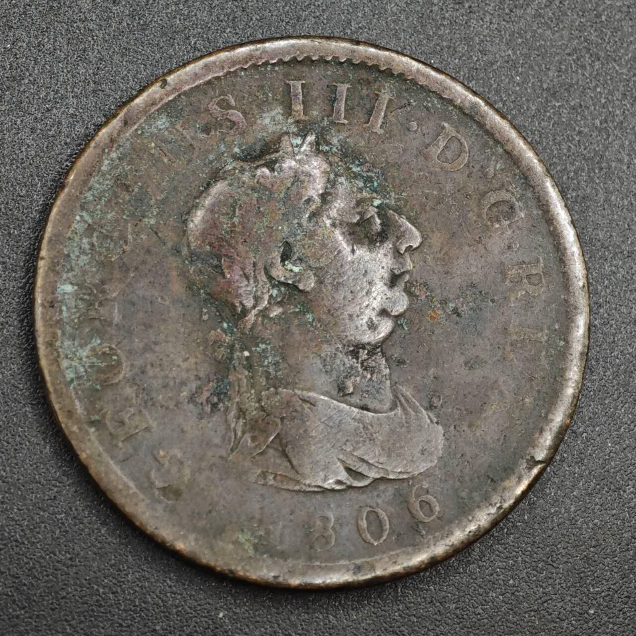【淘币小摊】实时拍第八百一十四拍   散币场   满百包邮可预留二周 每周一统一发货   英国1806年乔治三世一便士铜币