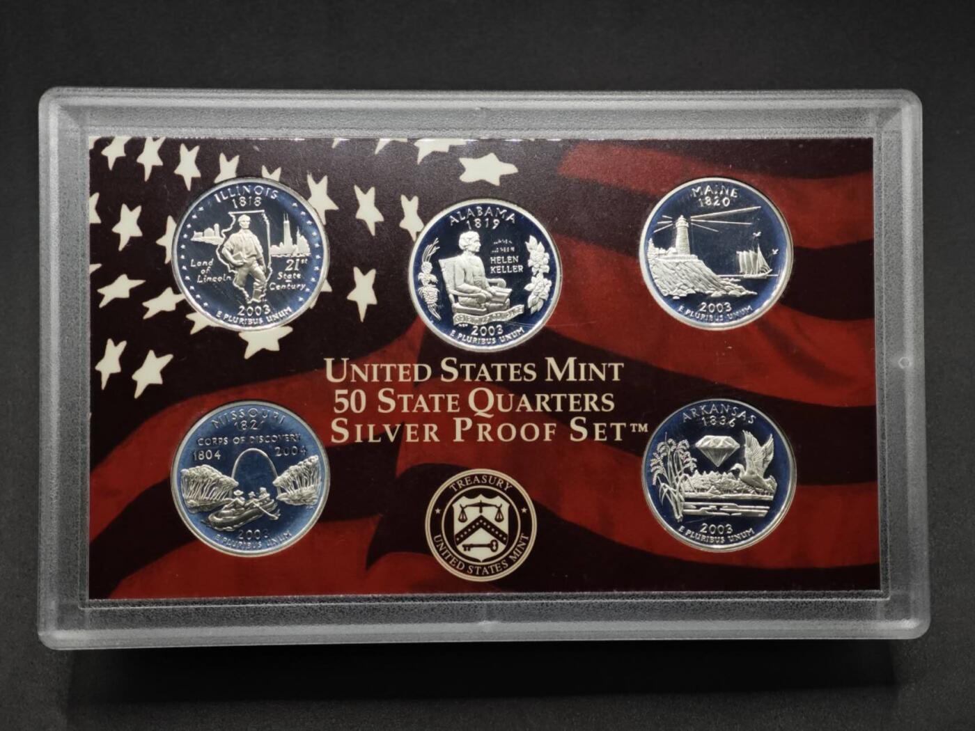 【淘币小摊】实时拍第八百一十五拍   银币套币场   满百包邮可预留二周 每周一统一发货   美国2003年州币精制银币5枚套每枚重6.25克900银 银价363