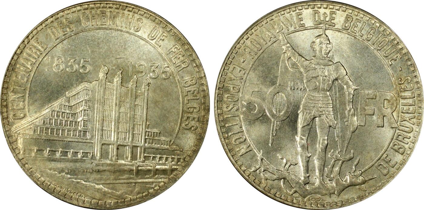 万国钱币拍卖第056期 PCGS MS66 1935年比利时50法郎纪念银币 布鲁塞尔国际博览会和比利时铁路百年 高分顶级品相 From the Roark Collection 原银强车轮霜光，黄油淡彩包浆，实物非常漂亮。正面:前卫设计的圣乔治屠龙，法语版铭文。背面:布鲁塞尔世博会大楼景观。边铭:SOUS LE REGNE DU ROI LEOPOLD III，在利奥波德三世国王的统治下。比利时皇家铸币厂。