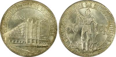 万国钱币拍卖第056期 - PCGS MS66 1935年比利时50法郎纪念银币 布鲁塞尔国际博览会和比利时铁路百年 高分顶级品相 From the Roark Collection 原银强车轮霜光，黄油淡彩包浆，实物非常漂亮。正面:前卫设计的圣乔治屠龙，法语版铭文。背面:布鲁塞尔世博会大楼景观。边铭:SOUS LE REGNE DU ROI LEOPOLD III，在利奥波德三世国王的统治下。比利时皇家铸币厂。