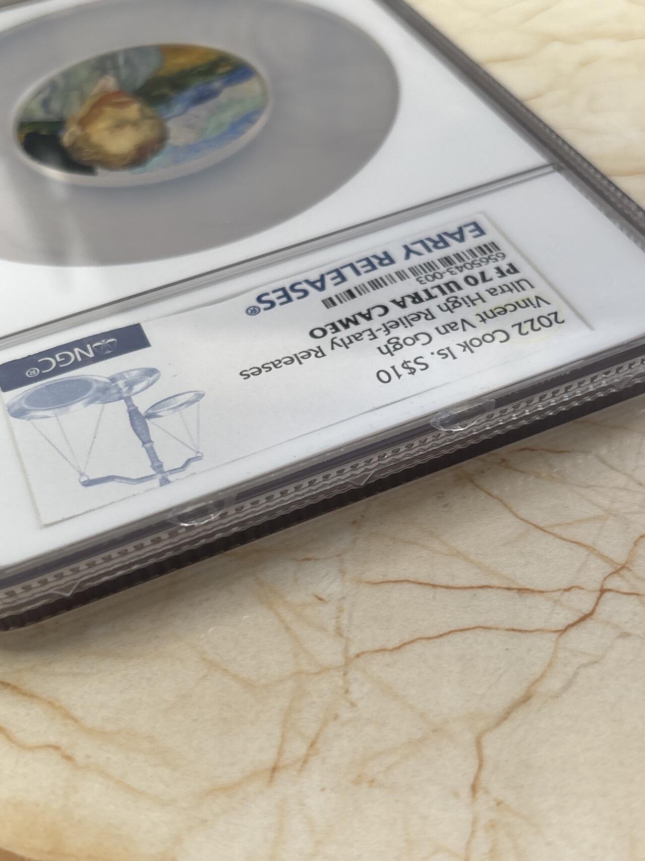 第184期拍卖 库克2022年画家梵高彩色2盎司银币NGC-PF70首无盒无证书，999银，发行999枚，评级盒有裂痕