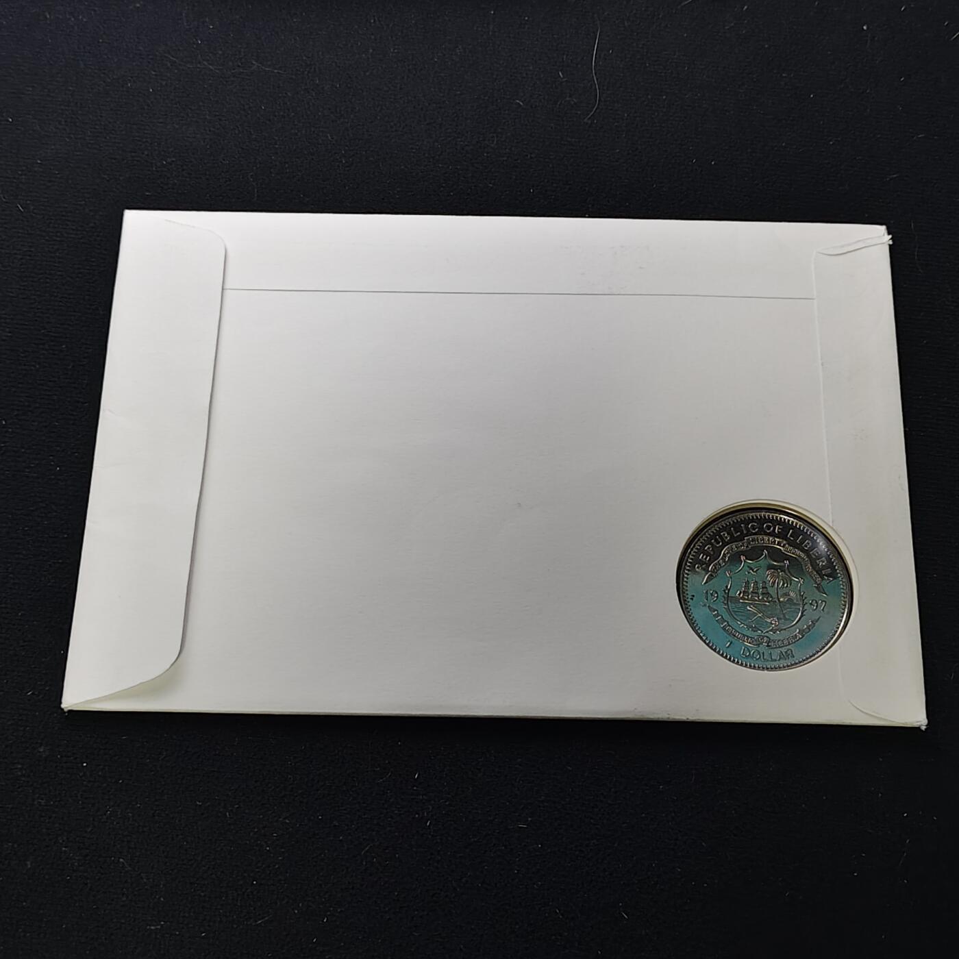 【全场包邮】纯粹捡漏拍482场（免费代拍第19场）-币封+套装+富兰克林（注意佣金） 【邮币封】利比里亚1997年1元女王金婚克朗型纪念币邮币封