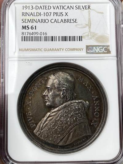 万国钱币拍卖第056期 - NGC MS61 1913年梵蒂冈教皇庇护十世银章 镜面玫瑰红彩高浮雕极美收藏级