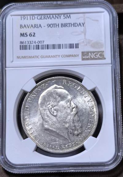 北京马甸外国币专卖第147期，外国币专场，陆续上拍，欢迎关注 - 德国巴伐利亚1911年5马克银币，利奥波德90寿诞纪念，NGC评级MS62分