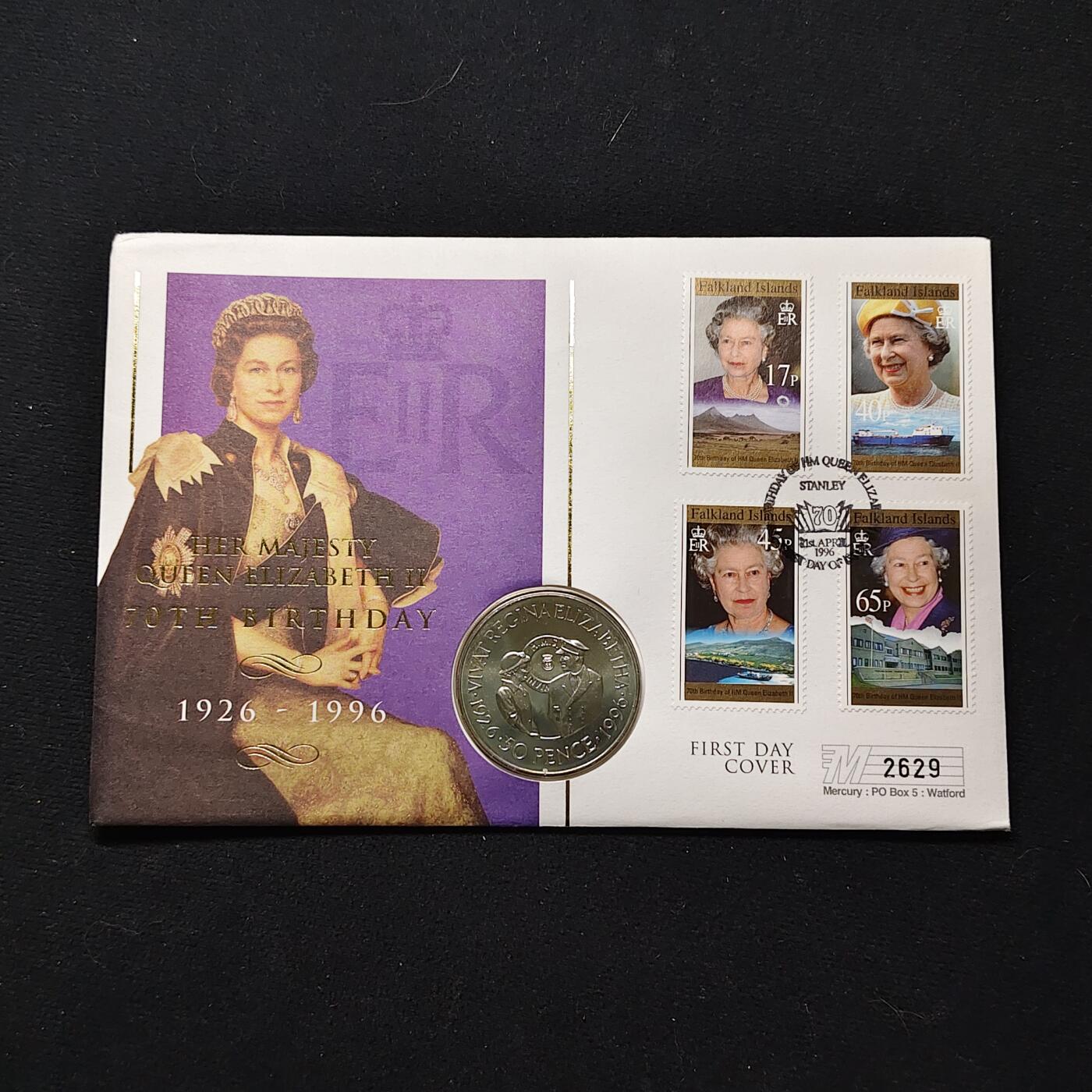 【全场包邮】纯粹捡漏拍482场（免费代拍第19场）-币封+套装+富兰克林（注意佣金） 【邮币封】福克兰群岛1996年50便士女王70大寿克朗型纪念币邮币封