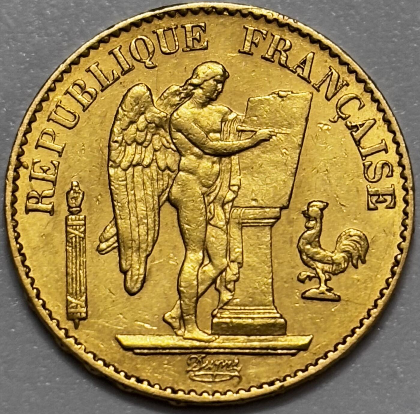 文馨钱币收藏第 283 场，【大雪鉴珍，寒英缀金】金银纪念币精品场，诚邀您的参与【长期接代拍品】 1878 年法兰西第三共和国幸运天使 20 法郎金币 A 厂，第一版，重 6.4 克金，也是比较少见溢价高的投资收藏品，品相还算不错