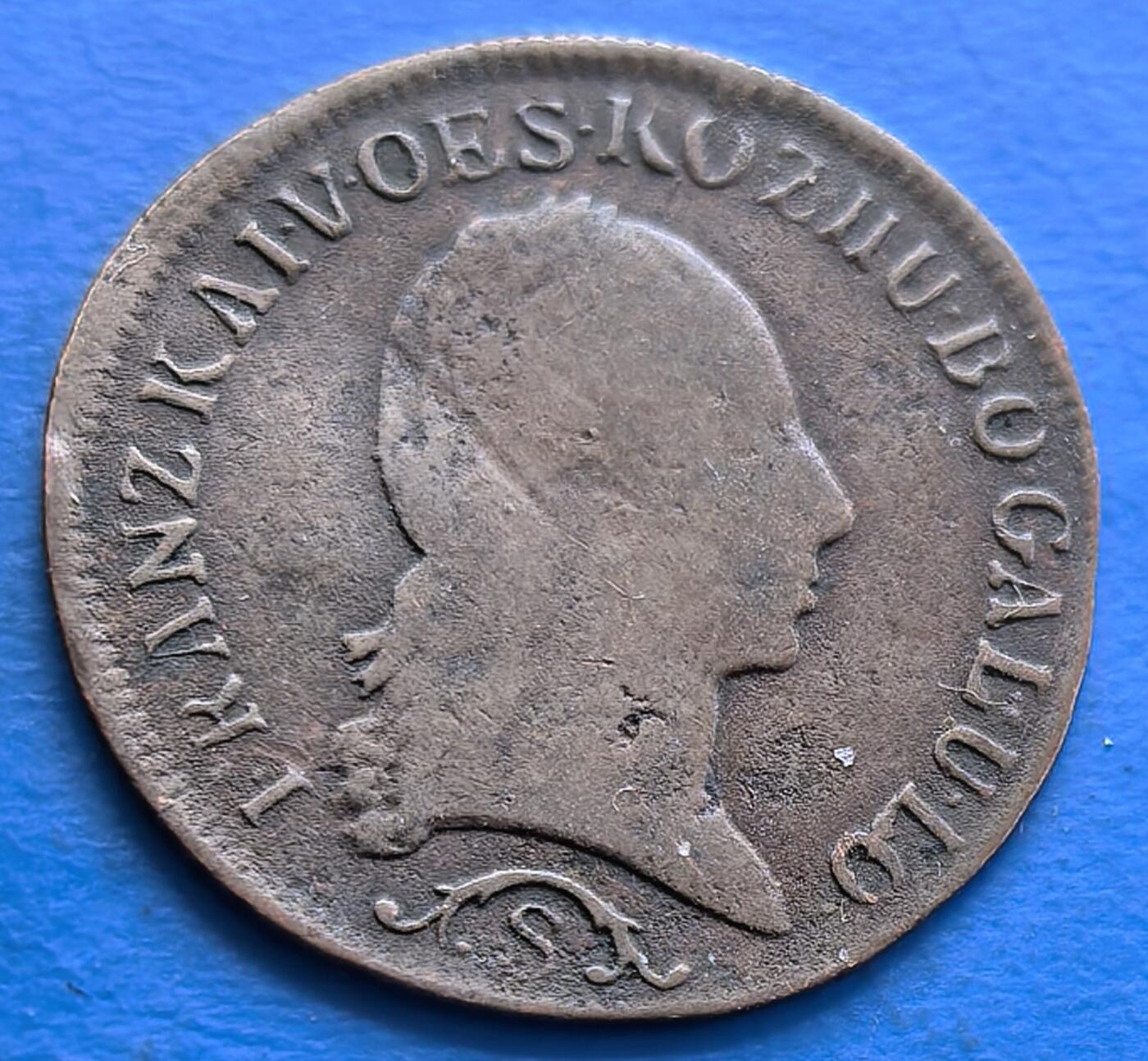 外国优质老铜币银币，周六九点倒数截拍，满百包邮，可寄存半年，喜欢朋友微信扫描二维码可直接参拍 奥地利1812年1/2克鲁泽老铜币有压印